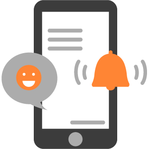 Social media notification icon with phone, smiley face and bell in orange and grey