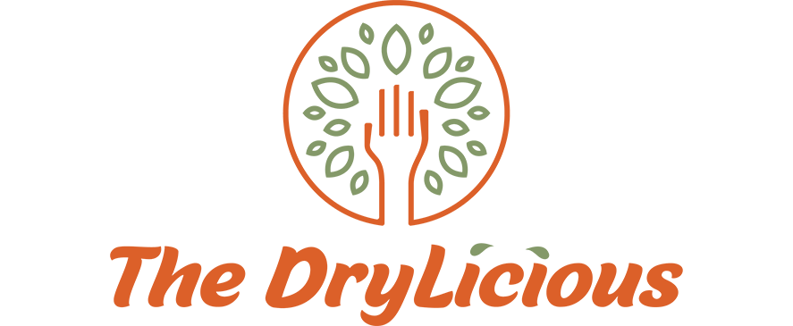 The Drylicious brand logo with orange leaf and hand icon in circular badge, client branding by The Design Aura