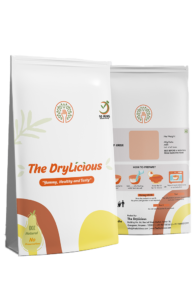 The DryLicious dry fruit packaging pouch design in white with orange leaf logo