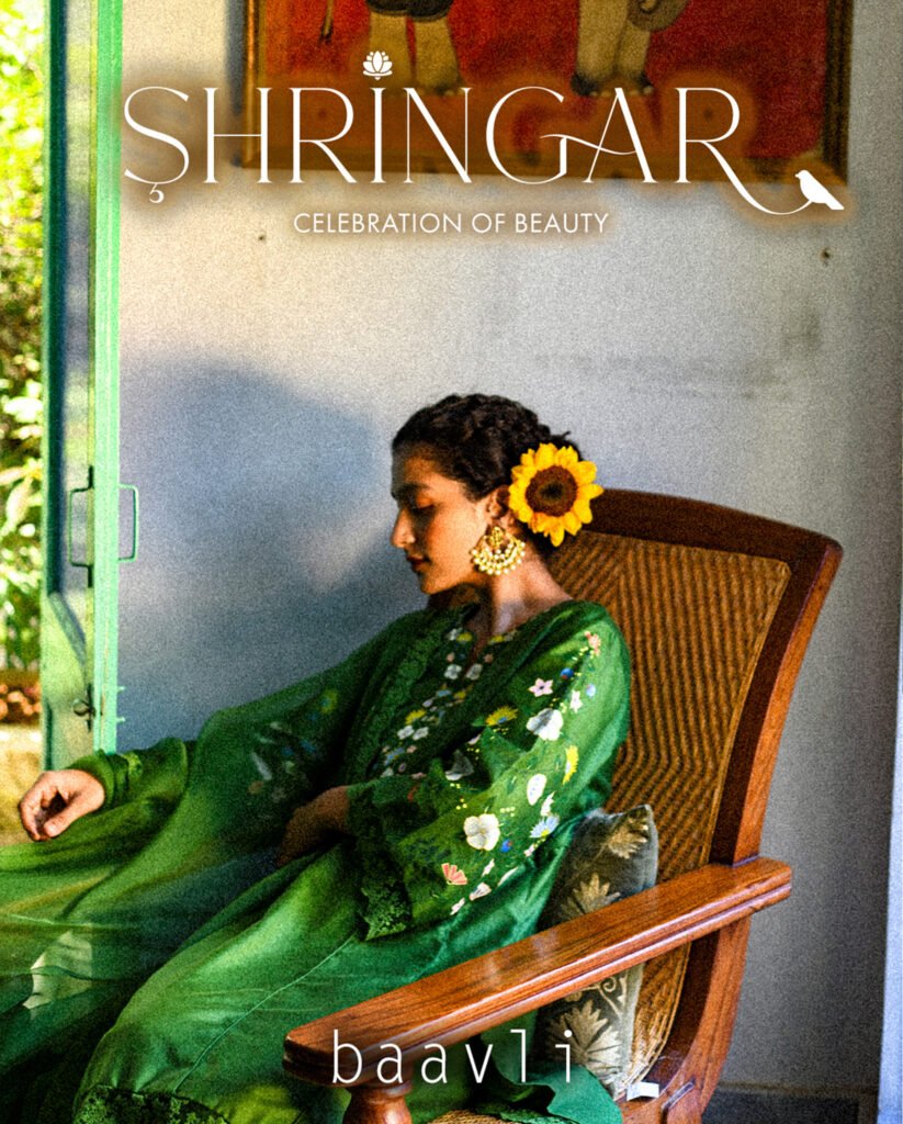 Shringar design edition magazine cover featuring woman in green traditional outfit, Baavli brand content