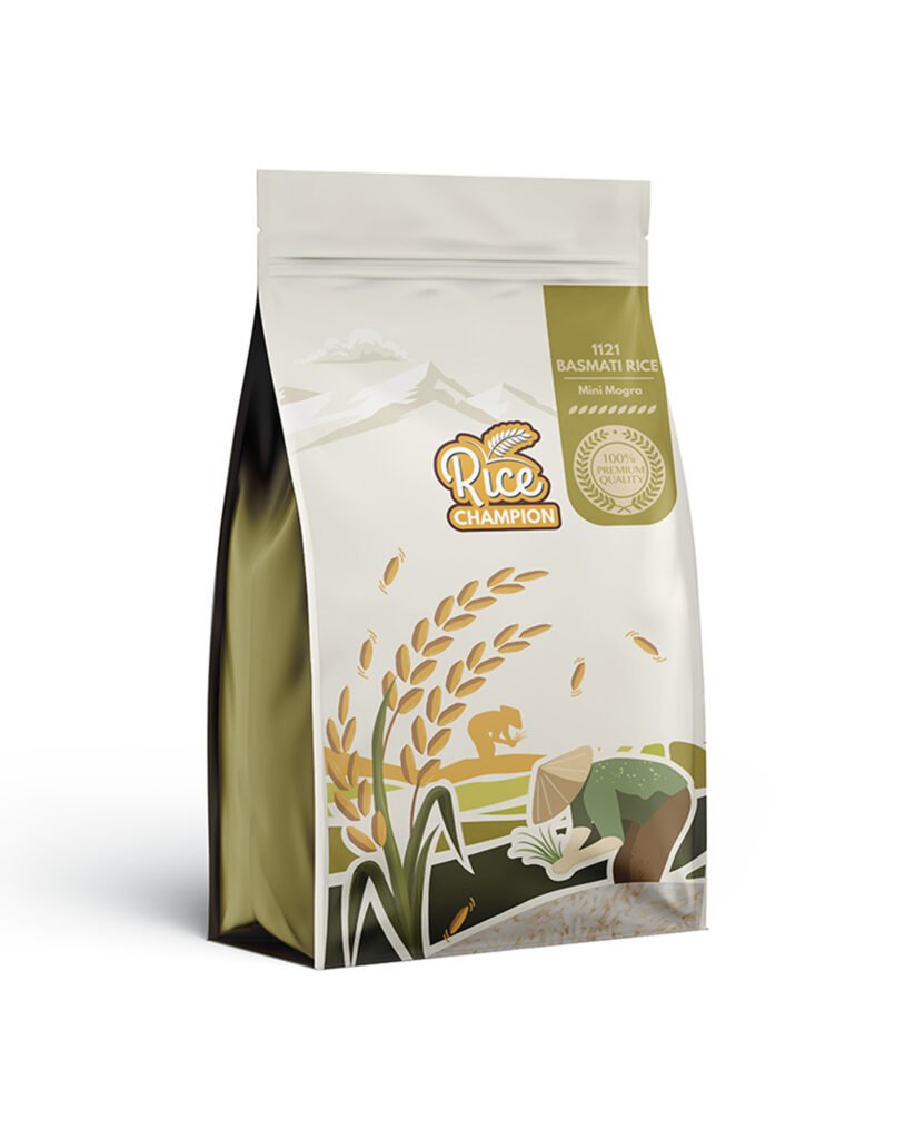 Rice packaging pouch design with gold and green branding and wheat illustration