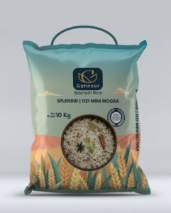 Gahnoor Basmati rice 10kg packaging design in teal and beige