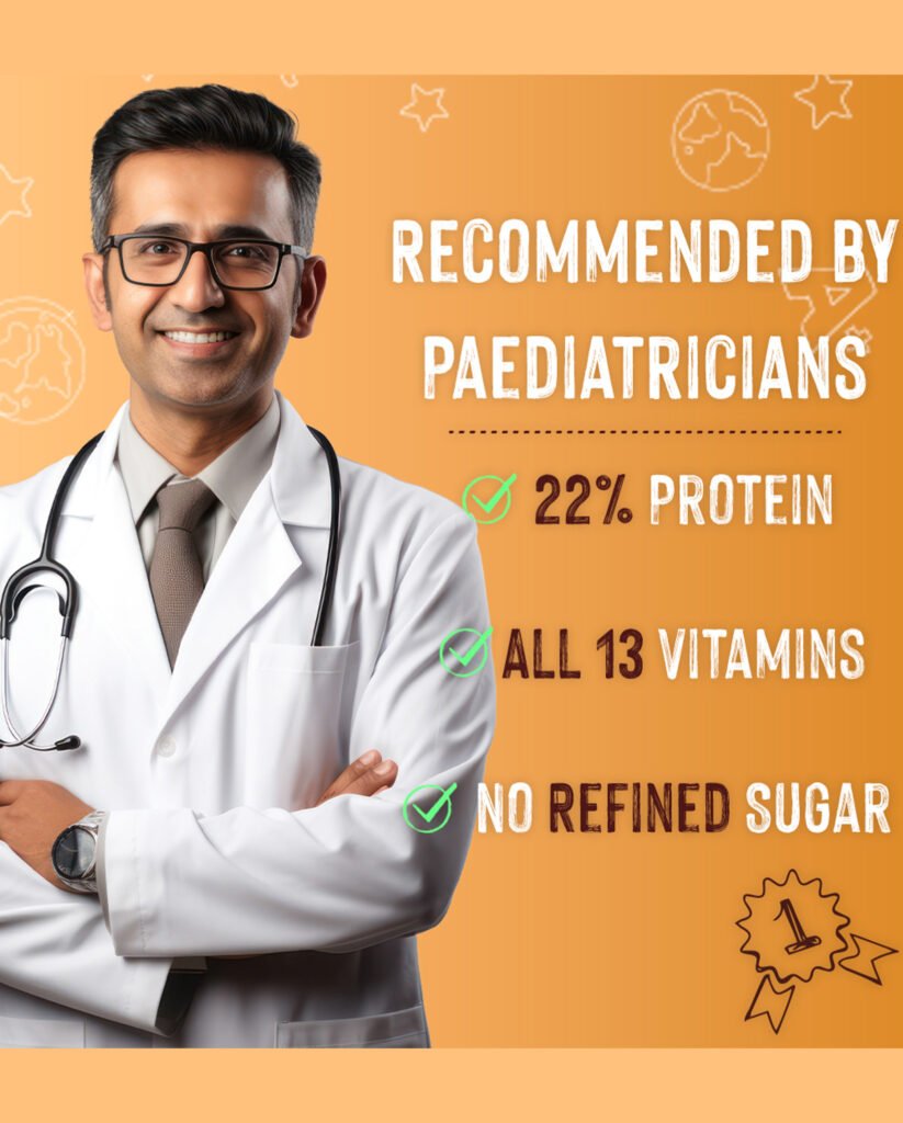Doctor recommended by paediatricians product packaging graphic with 22 percent protein and 13 vitamins claims for Mevano