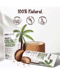 100 percent natural coconut jaggery packaging design with tropical coconut imagery for Mevano