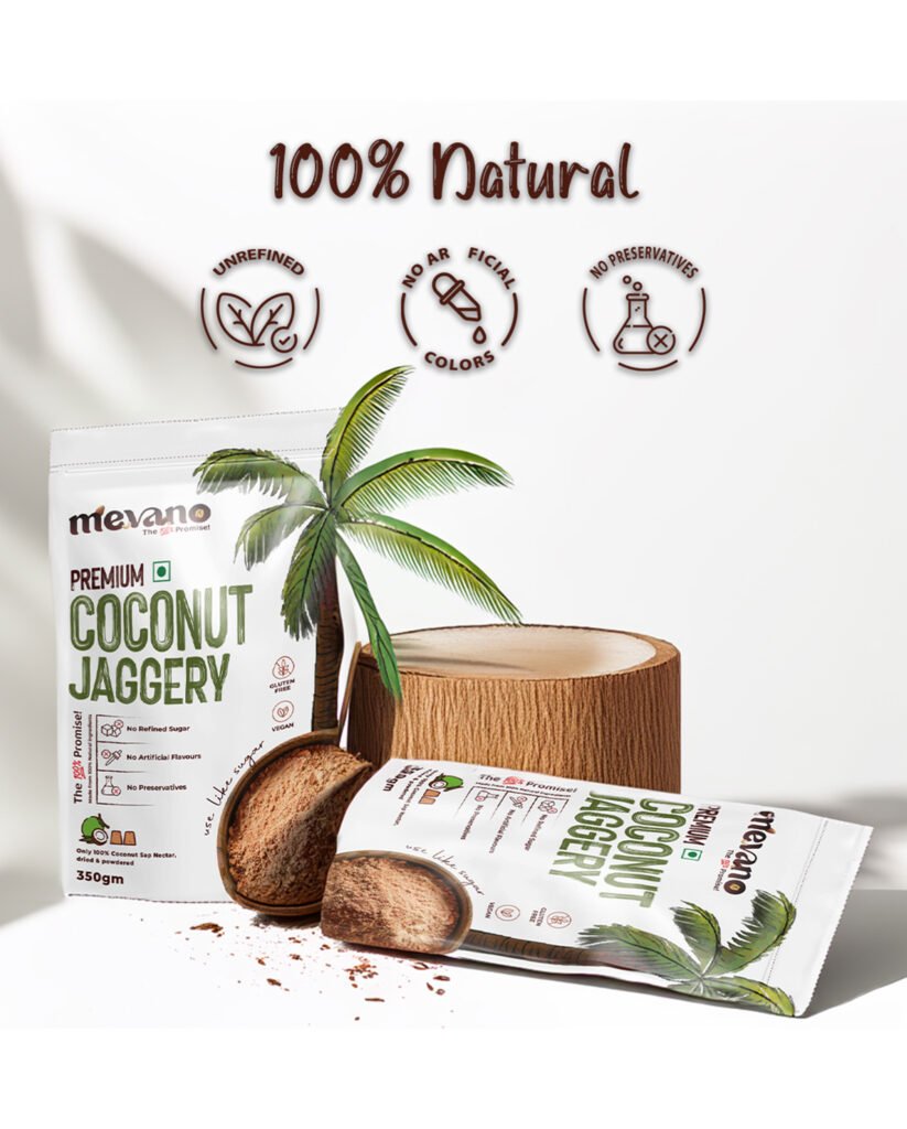 100 percent natural coconut jaggery packaging design with tropical coconut imagery for Mevano