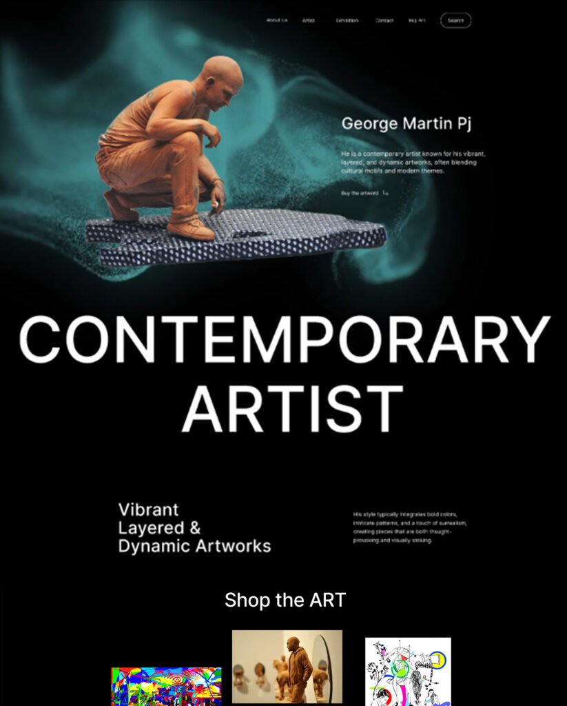 artist portfolio graphic with sculpture photography and vibrant layered artworks text