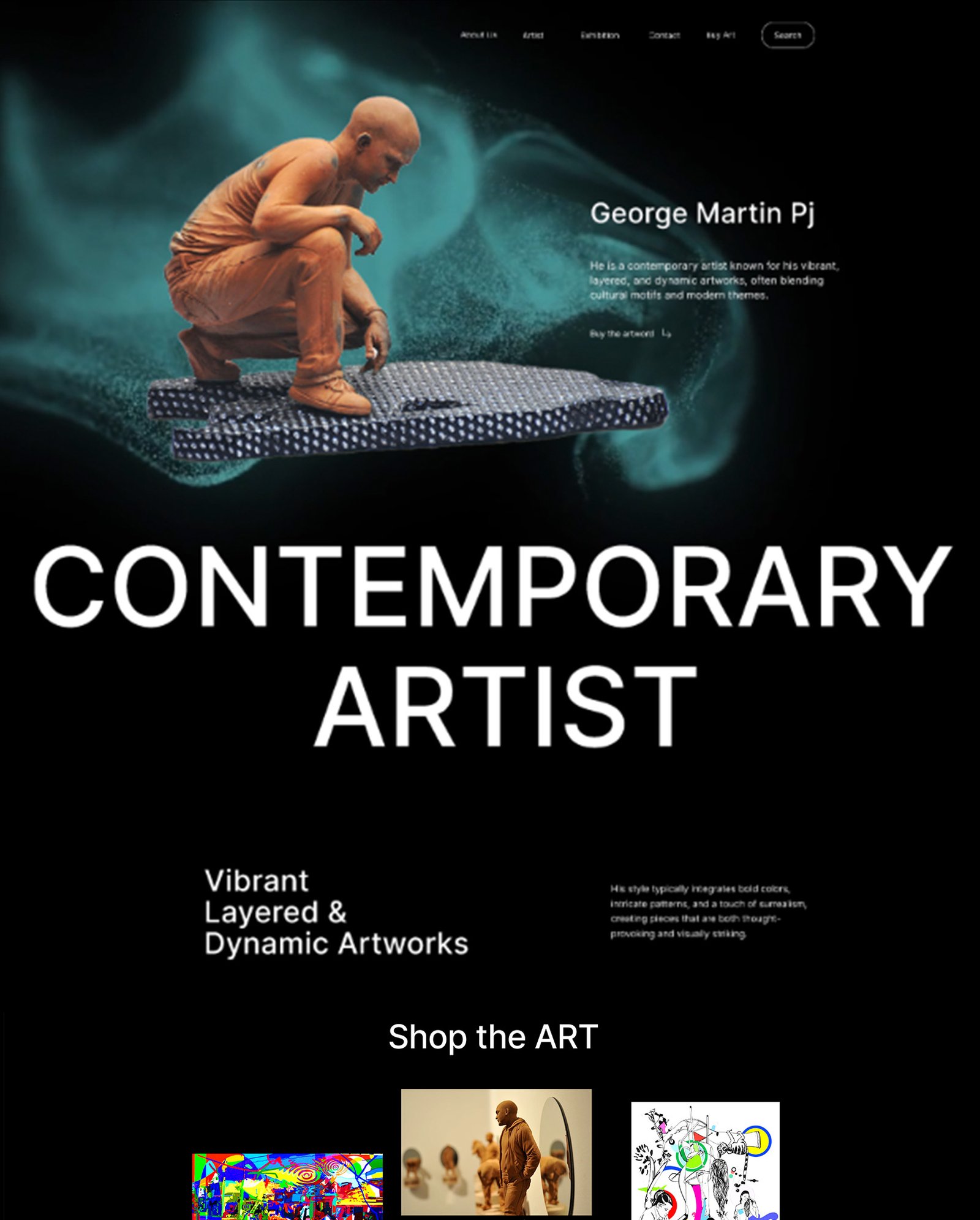artist portfolio graphic with sculpture photography and vibrant layered artworks text