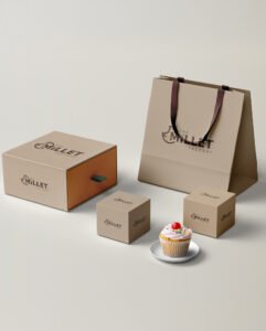 Branded packaging boxes and shopping bag mockup in beige and brown tones, product packaging design