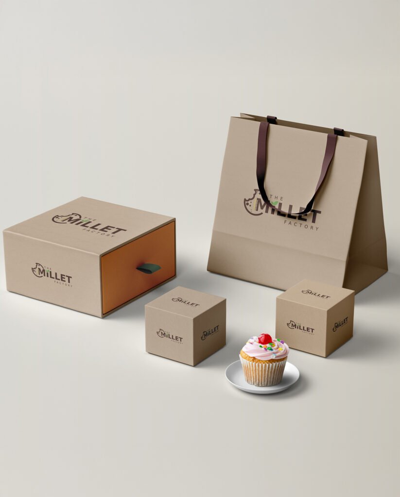 Branded packaging boxes and shopping bag mockup in beige and brown tones, product packaging design