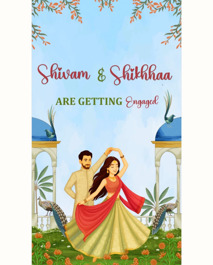Shivam and Shikhaa are getting engaged illustrated announcement graphic with couple in traditional attire