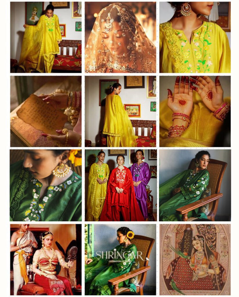 Wedding photo collage grid featuring bride and family in traditional yellow and green outfits