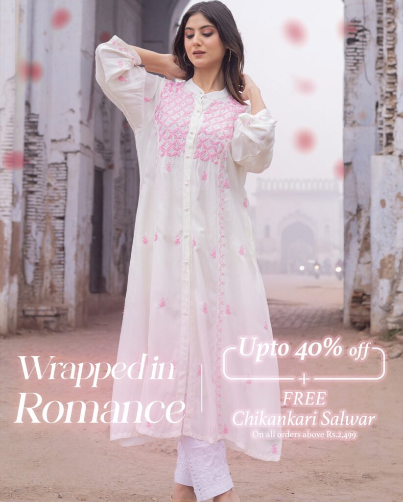 Model in white embroidered traditional outfit with up to 40 percent off sale banner, fashion social media post