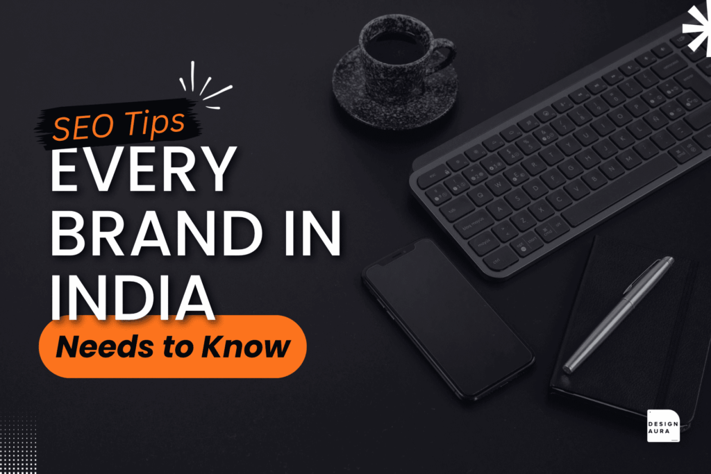 SEO tips every brand in India needs blog cover with laptop and coffee cup styling