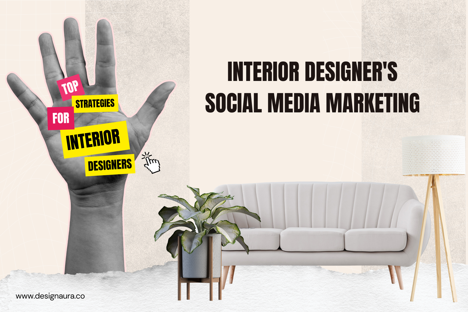 Interior designer social media marketing strategy graphic on textured background