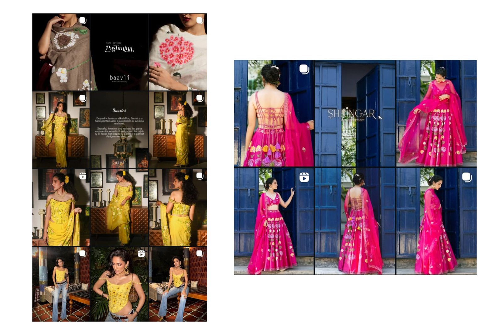 Social media post featuring model in pink and yellow traditional outfit against blue backdrop, fashion social media content