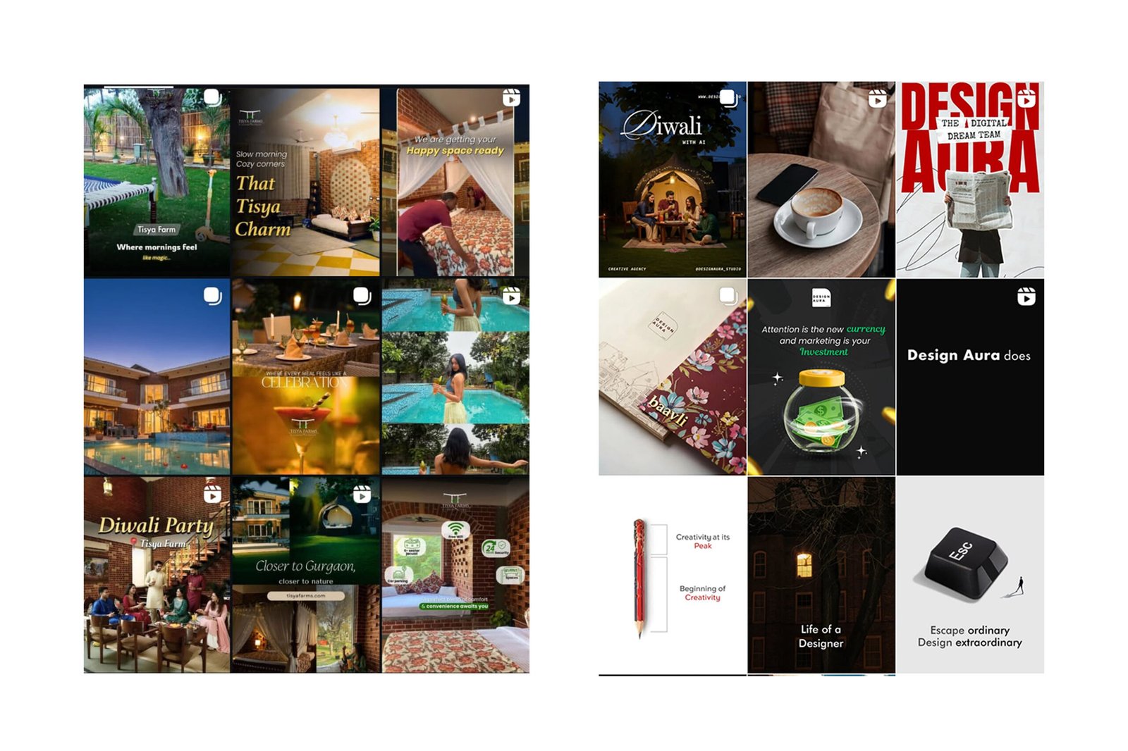 Social media content grid with warm toned lifestyle and product photography, social media management by The Design Aura