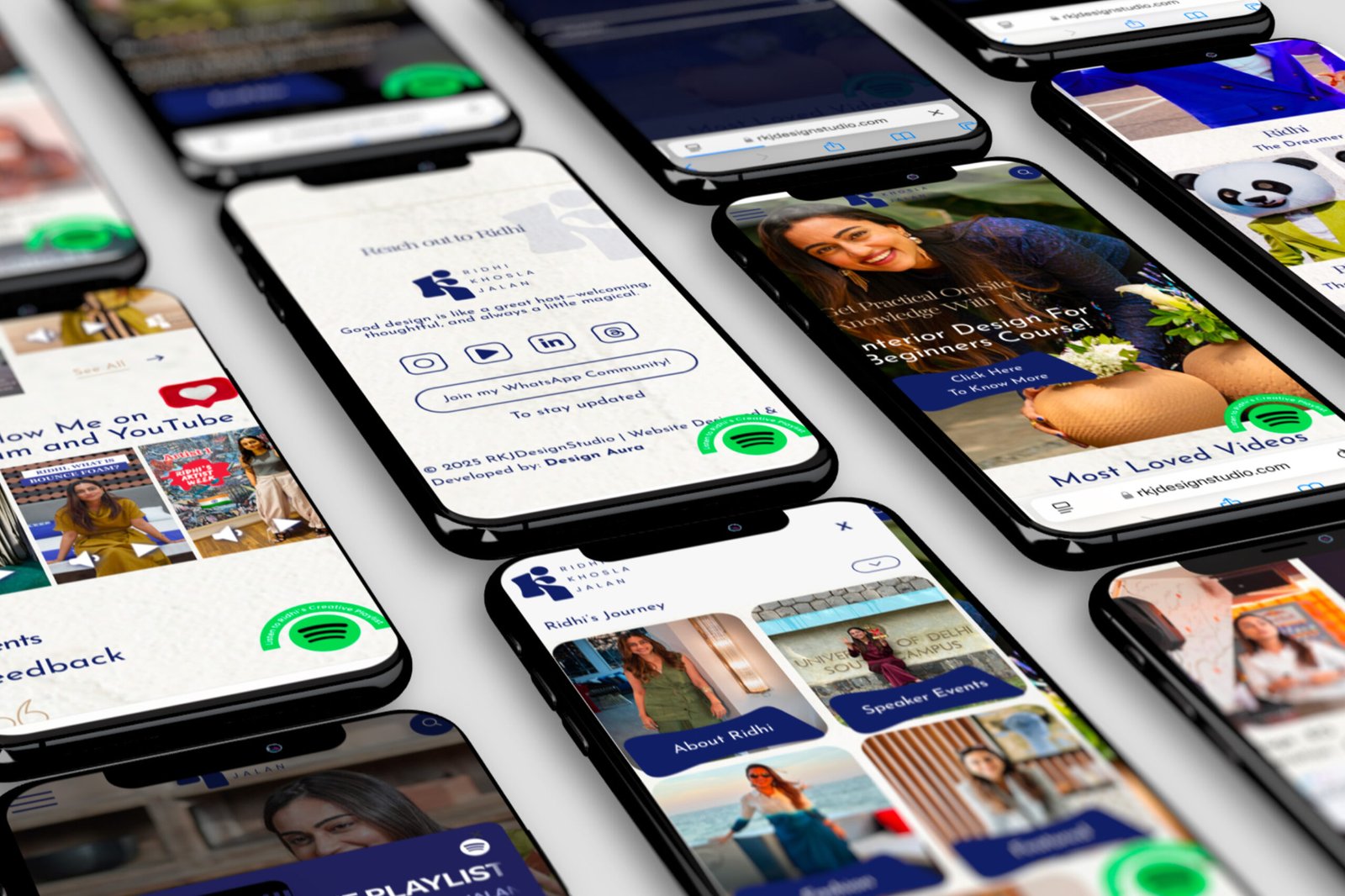 Ridhi Khosla Jalan website design displayed across multiple phone mockups, responsive website design by The Design Aura