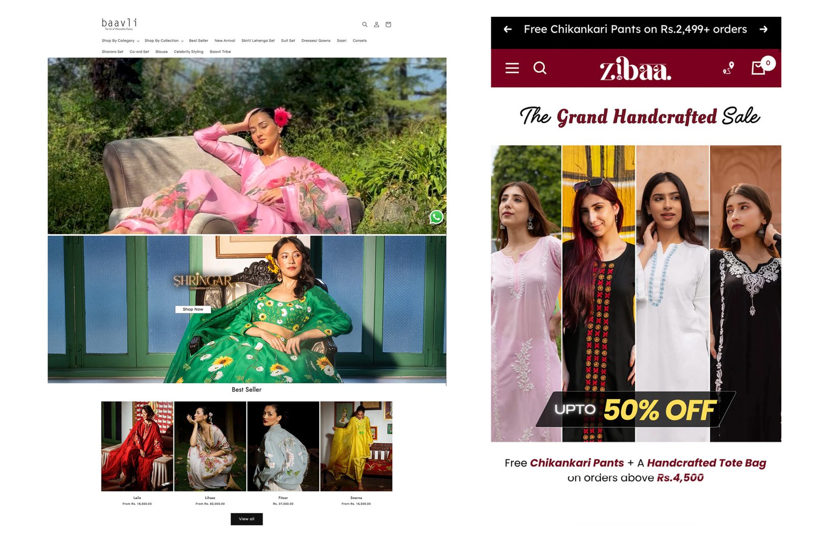Baavli & Zibaa website design showing handloom fashion collection with discount banner, ecommerce website by The Design Aura
