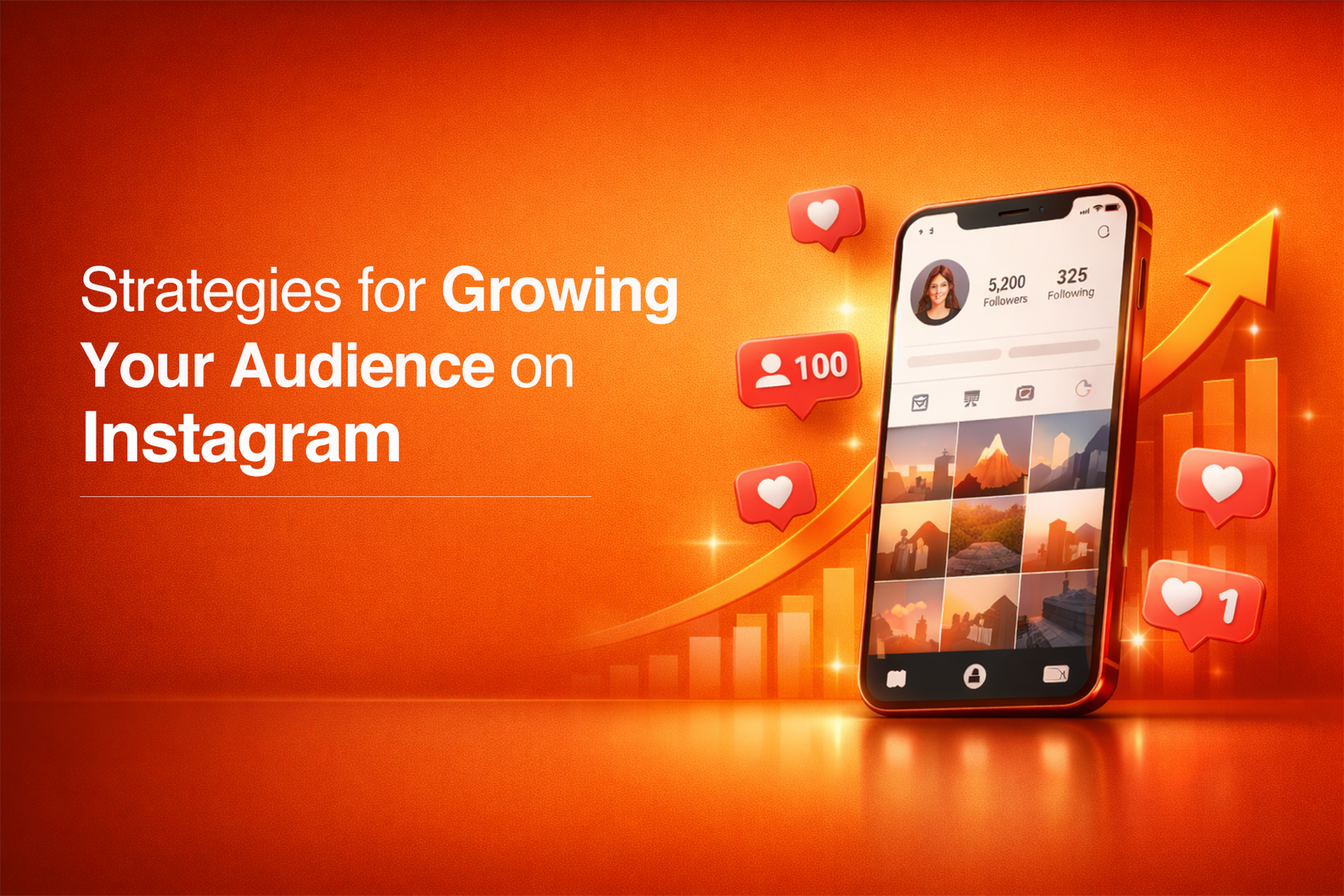 Instagram growth strategies graphic with phone mockup and engagement icons on orange background"