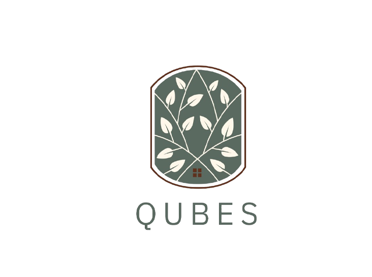 Qubes brand logo with green leaf illustration on beige background, client branding by The Design Aura