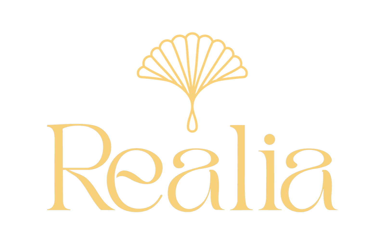 Realia brand logo with golden ginkgo leaf icon, luxury brand identity by The Design Aura