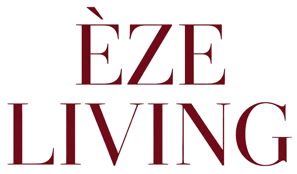 Eze Living brand logo in maroon serif typography, luxury home decor branding