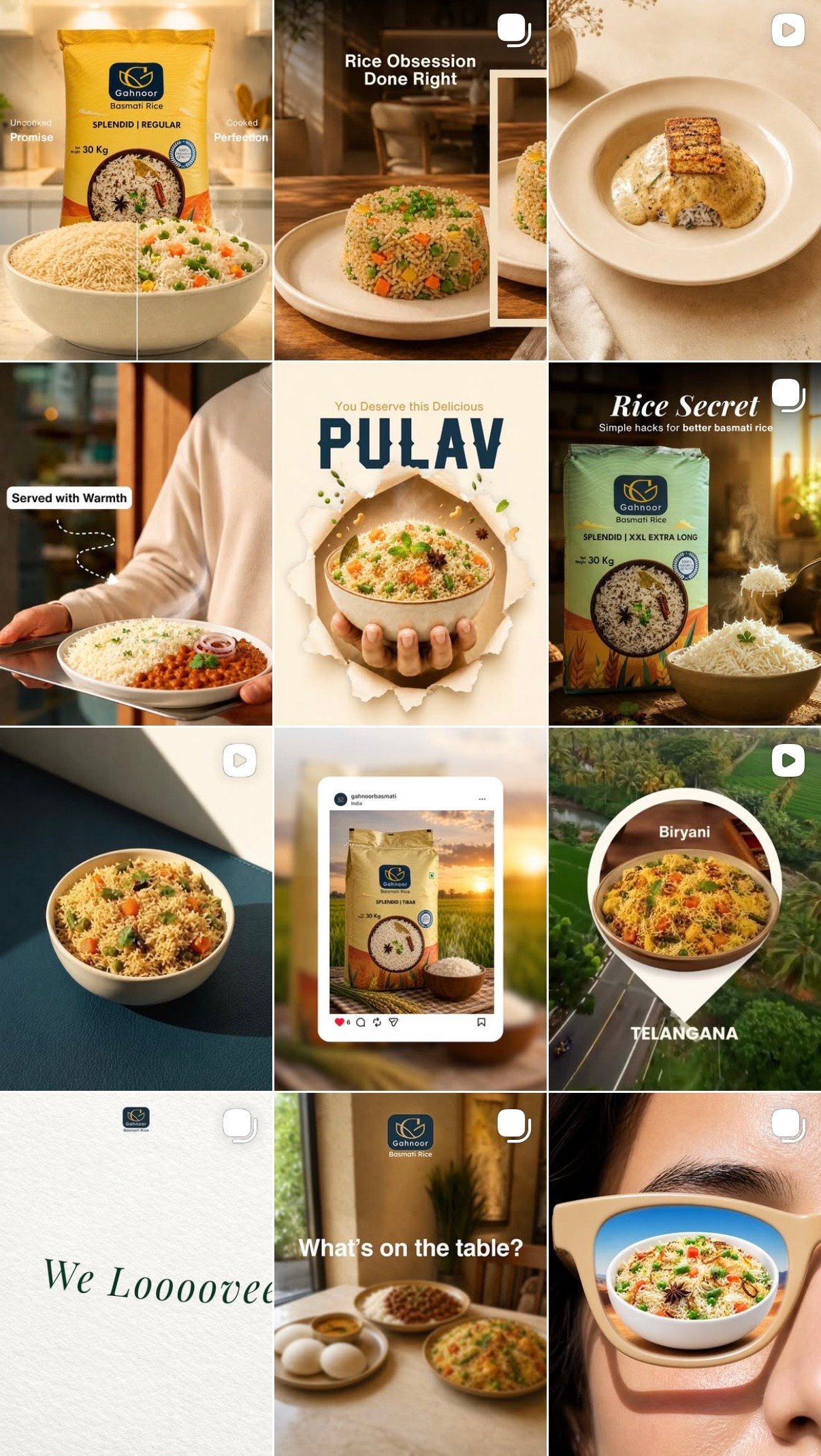 Pulav and Rice Secret packaging design mockups shown on phone screens, food branding project