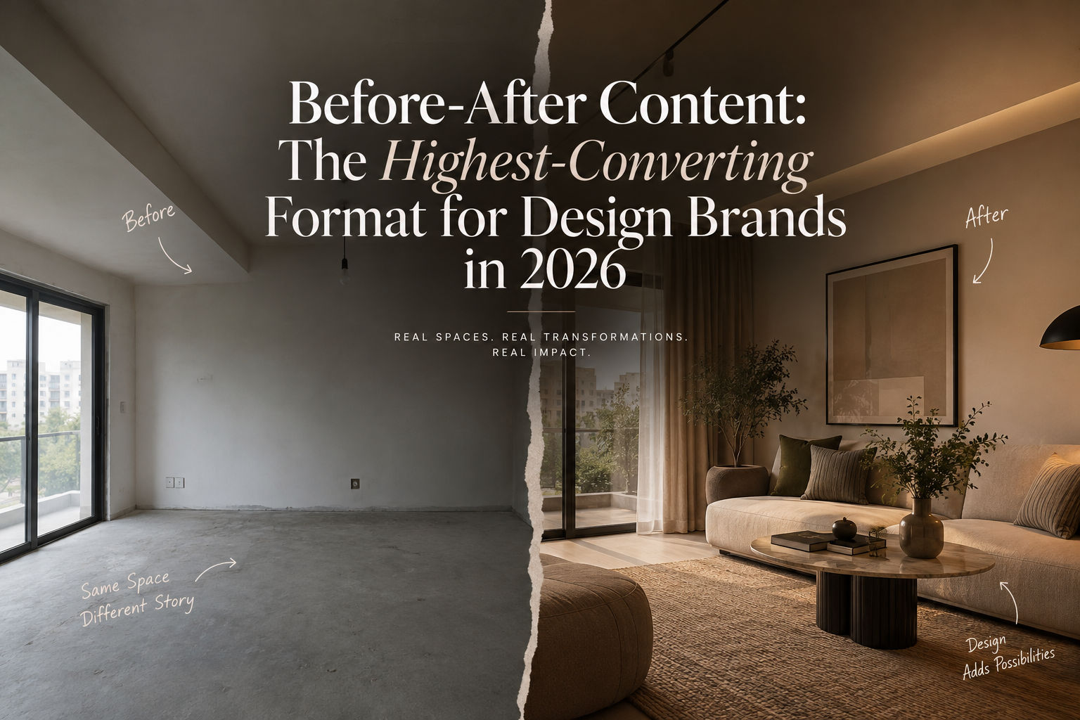 Before-and-after interior design transformation showing an unfinished room transformed into a warm, stylish living space.
