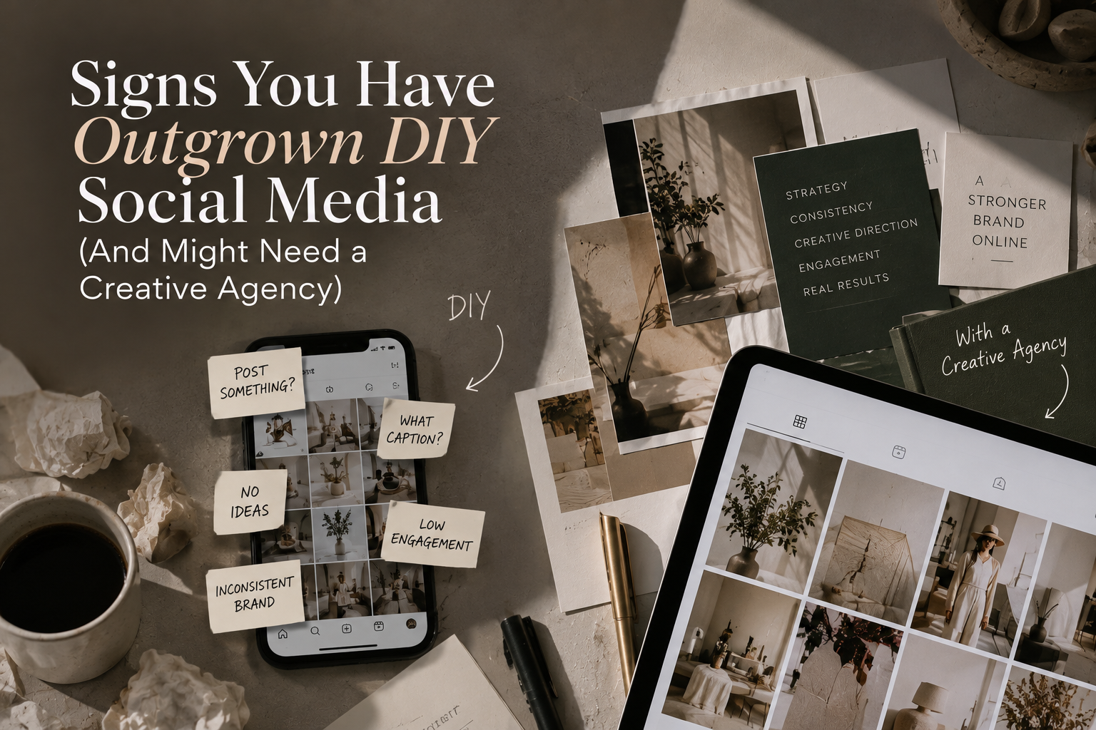 DIY social media versus creative agency support, illustrating the transition from inconsistent branding and low engagement to a cohesive social media strategy.